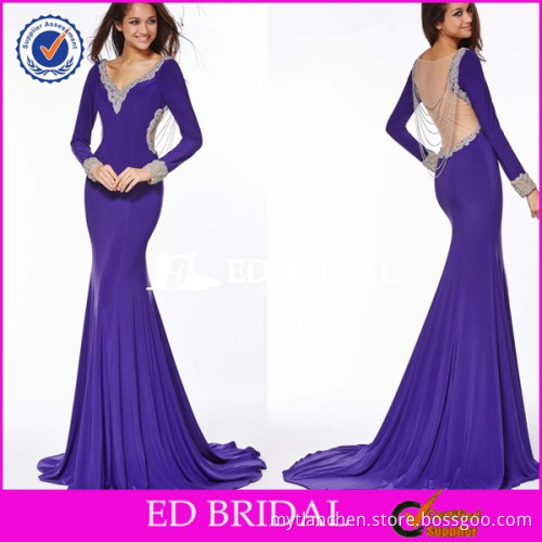 ZA008 Sexy See Through Back Custom Made Deep V Fishtail Long Sleeve Full Length Evening Gown